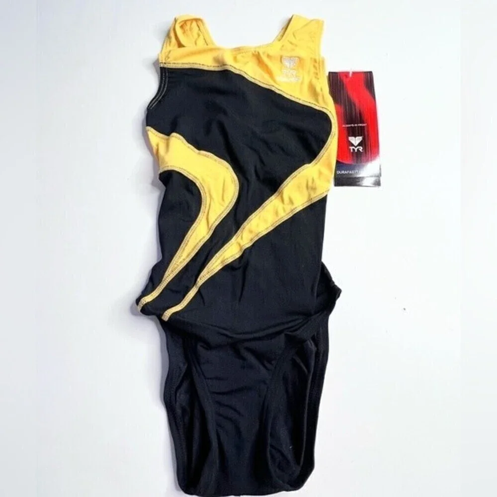 TYR Girls' Maxfit Swimsuit Atle- T-Splice black/gold size 8.